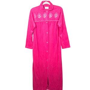 Vintage Katz Robe Womens Medium Embroidered Pink Velour Pearl Snap Housecoat